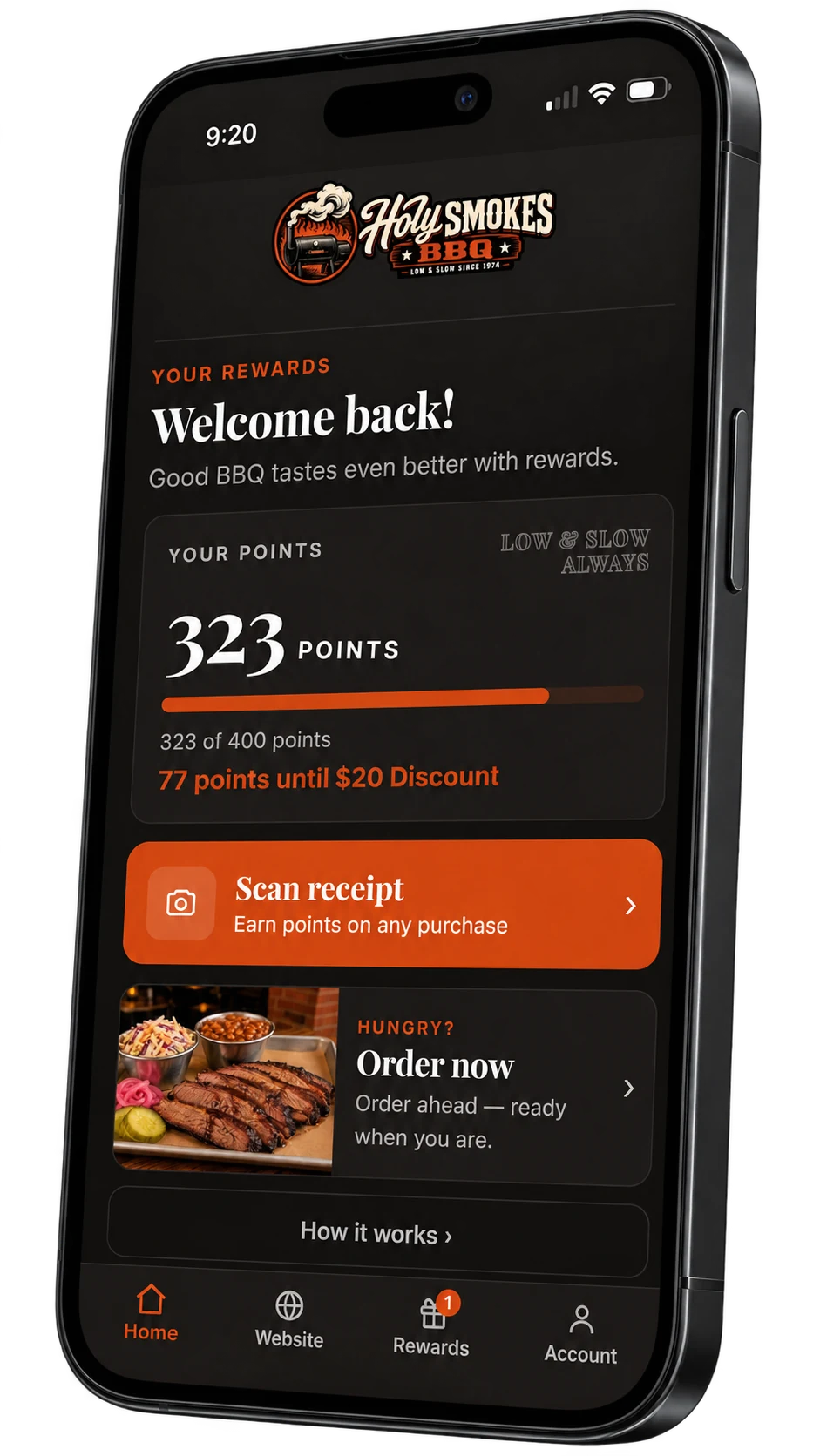 Holy Smokes rewards on a phone: 323 points, progress toward a $20 discount, receipt scanning and direct ordering.